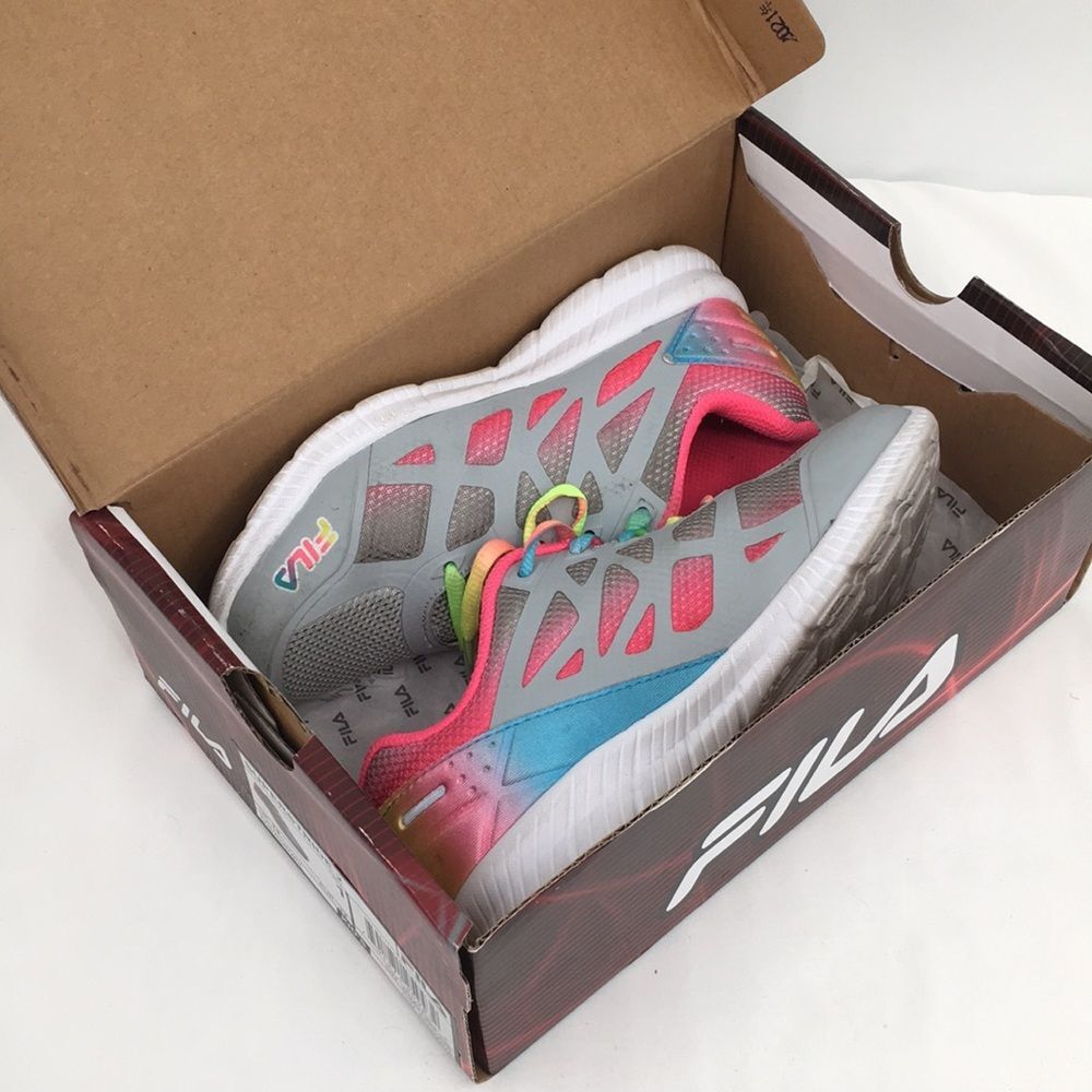 Fila Girl's Superstride 2 Gray Grey Pink Multi Rainbow Laces Big Kid Girls 1